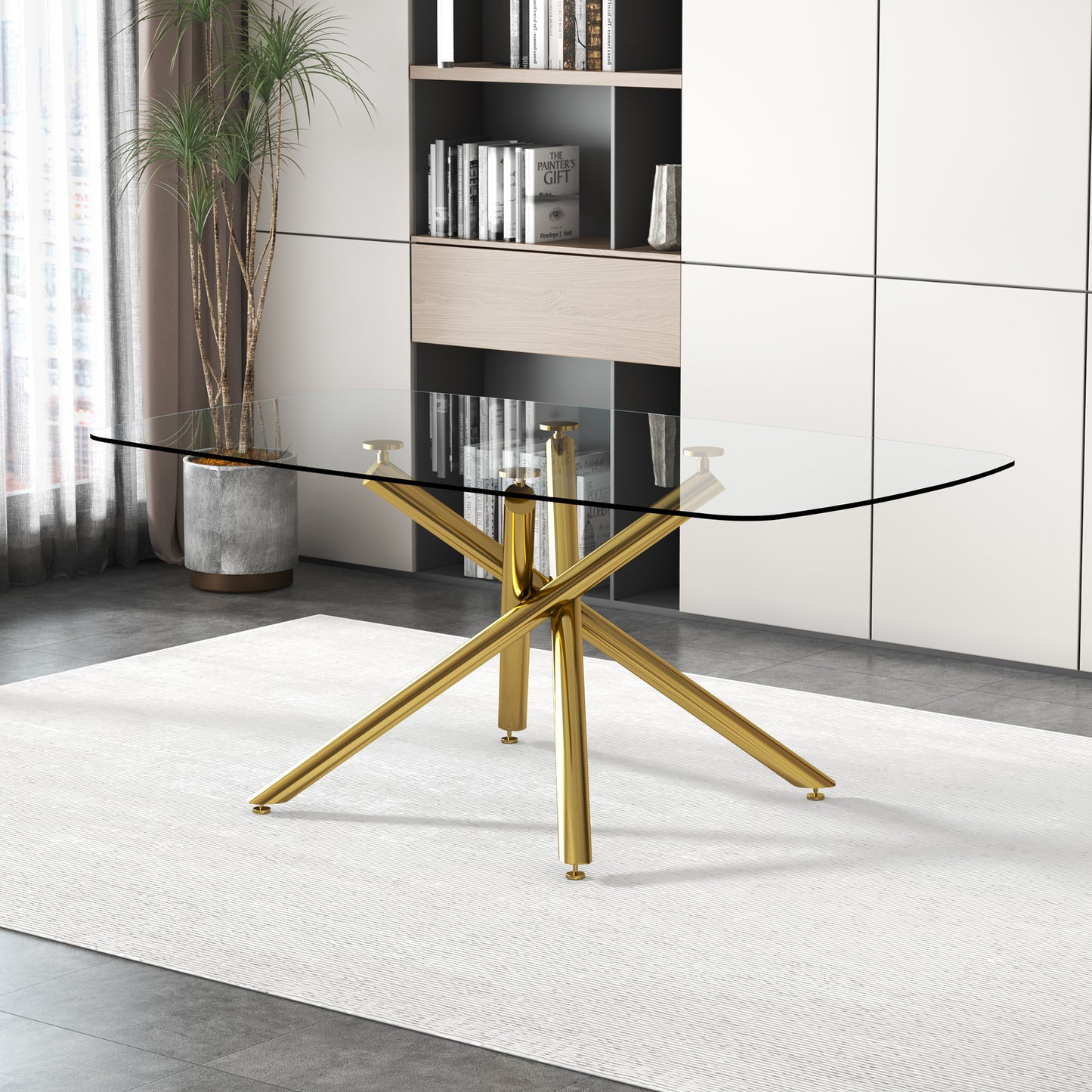 Large Modern Minimalist Rectangular Glass Dining Table with 0.39" Tempered Glass Top and Gilded Metal Legs for Kitchen, Dining Room, Living Room, Meeting Room, Ballroom 71" x 35.4" x 30".