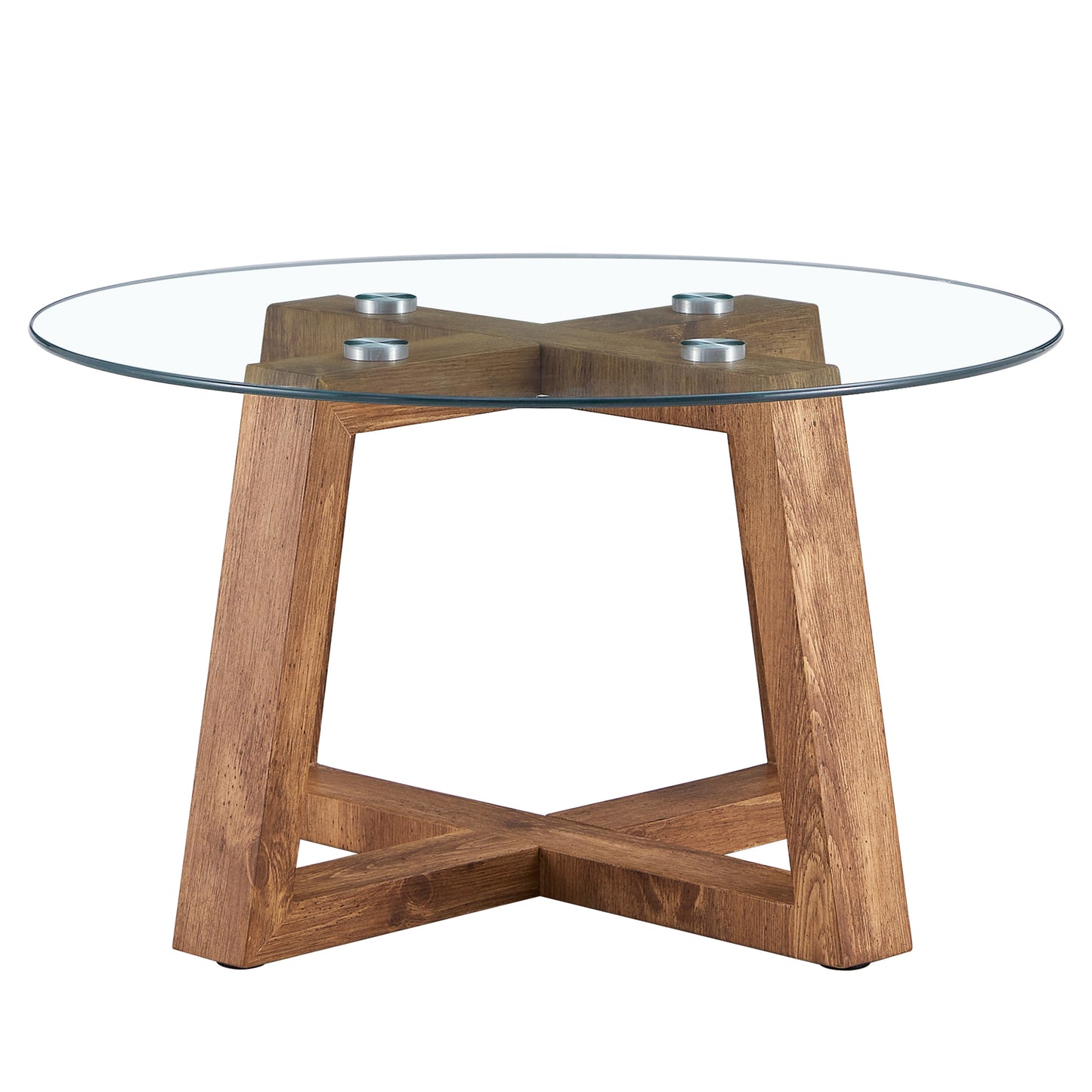 Modern practical circular coffee and tea tables. Made of transparent tempered glass tabletop and wood colored MDF material. Suitable for living rooms and bedrooms.31.5"*31.5"*17.7"