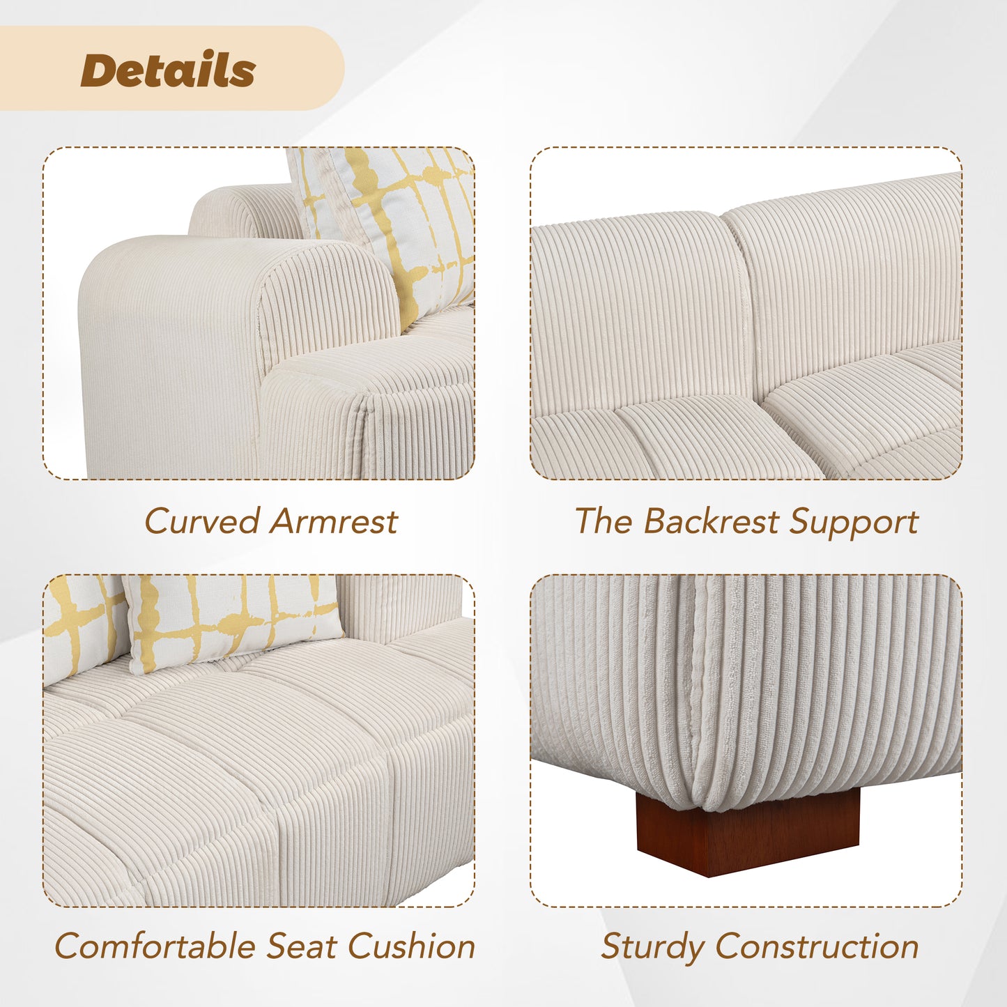 103.9" Modern Couch Corduroy Fabric Comfy Sofa with Rubber Wood Legs, 4 Pillows for Living Room, Bedroom, Office, Beige