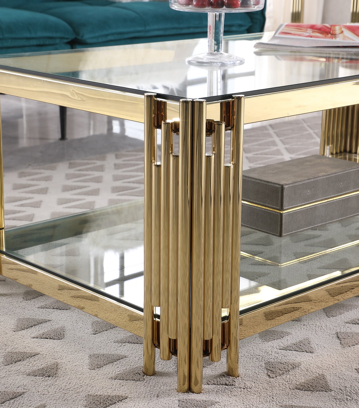 Woker Furniture  20" Wide Square End Table with Glass Top, Golden Stainless Steel Tempered Glass Coffee Table for Living Room&Bed Room