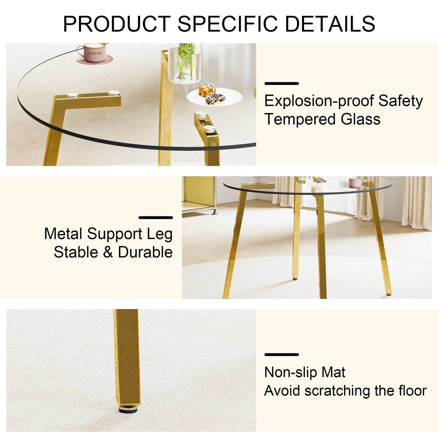 Modern Minimalist Circular Tempered Glass Table with Golden Metal Legs - Perfect for Kitchen, Dining Room