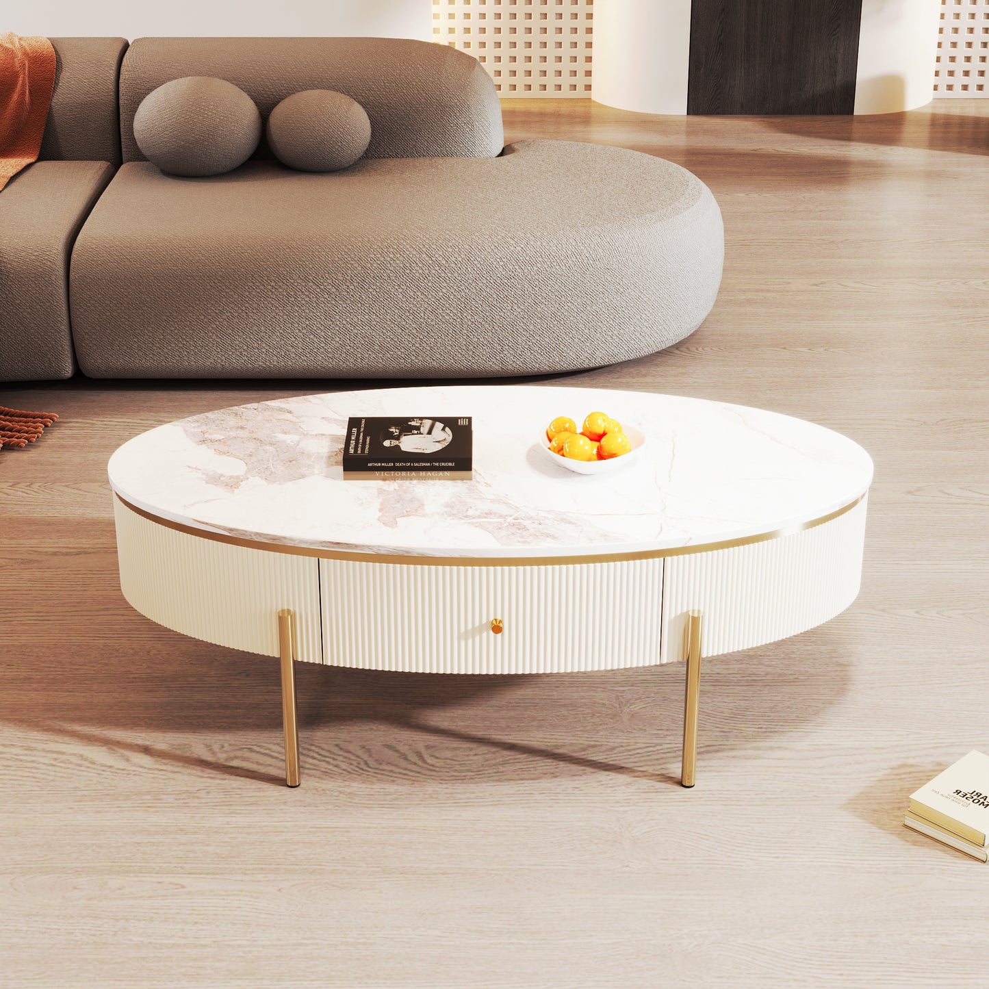 Modern Oval Coffee Table with 2 large Drawers Storage Accent Table