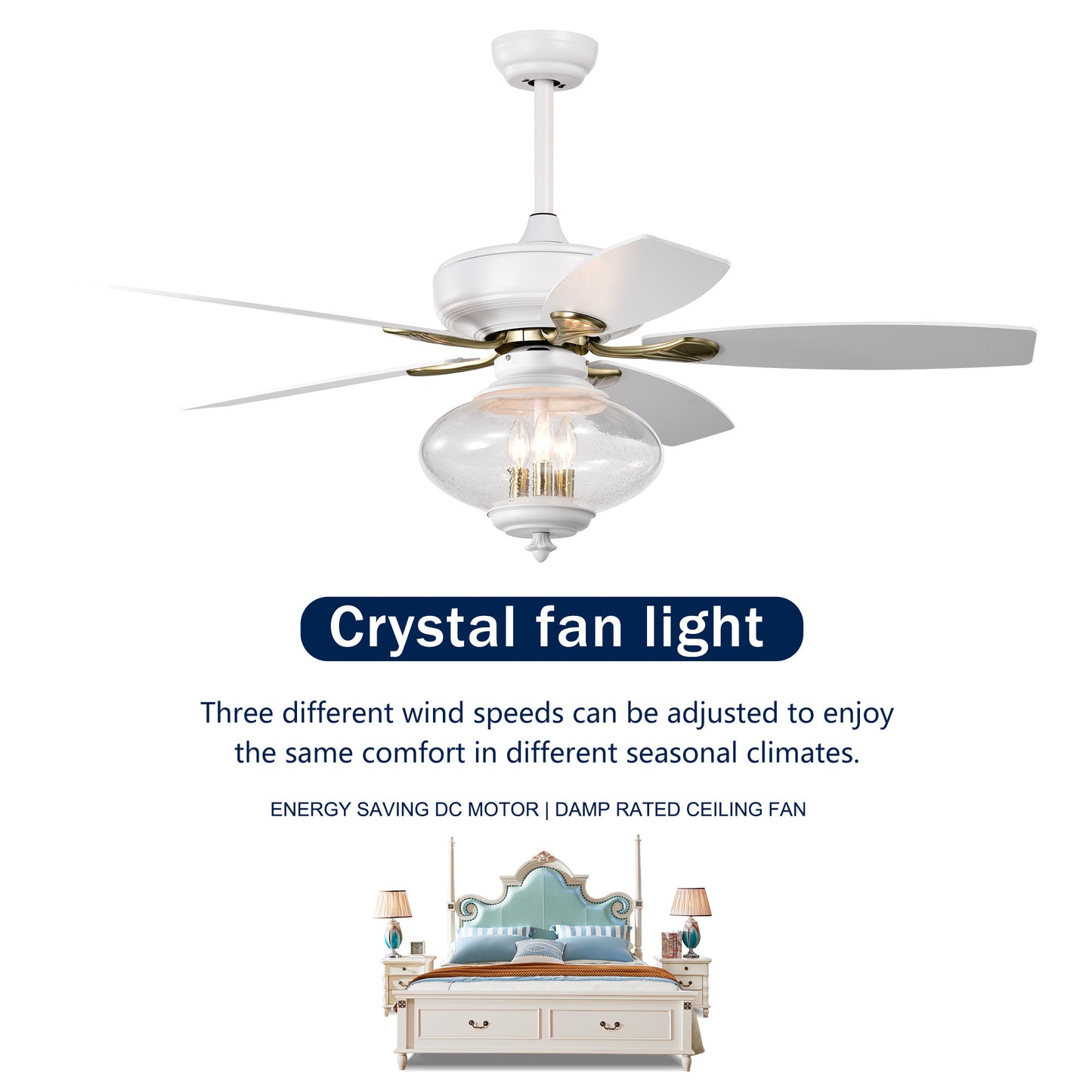 52" Low Profile Ceiling Fan in Matte White - Modern Design with Remote Control and Glass Shade