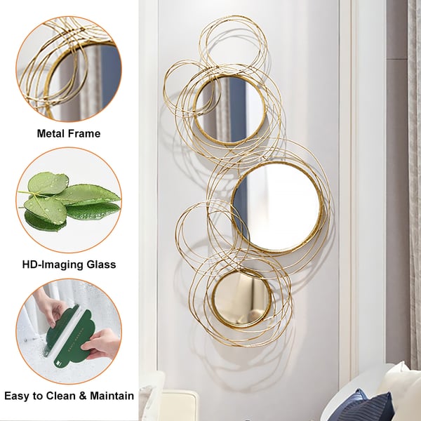 Light Luxury Creative 3D 6 Rings Round Gold Metal Wall Mirror