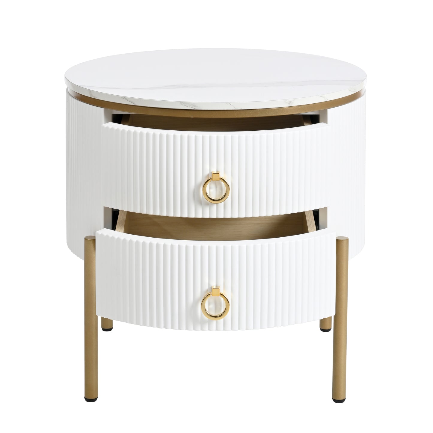 ON-TREND Φ19.6'' Easy Assembly Round End Table with Storage Drawers, Fluted Nightstand with High Gloss Faux Marble Tabletop, Modern Coffee Table with Metal Legs and Handles for Living Room, White