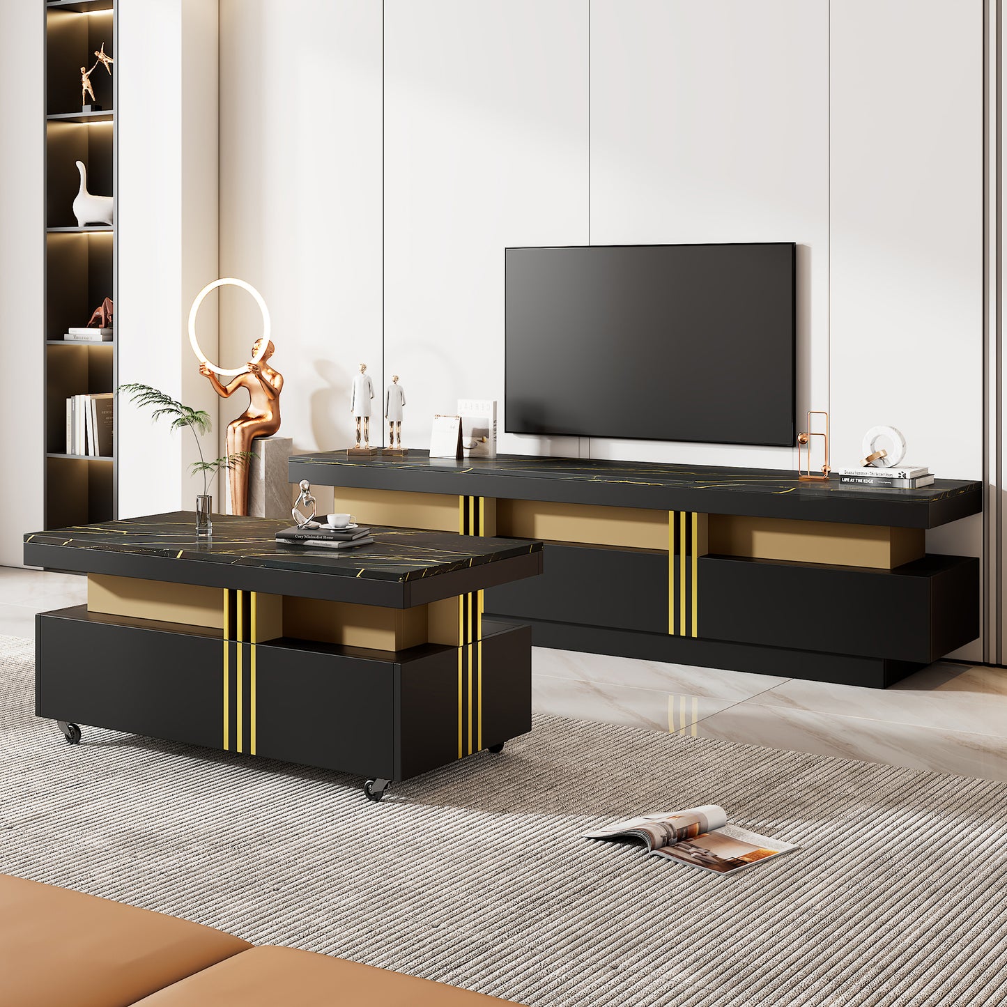 ON-TREND Modern Luxury TV Stand and Coffee Table Set of 2, High Gloss Faux Marble Top, TV Stand for TVs Up to 78'', Rectangle Coffee Table with Caster Wheels for Living Room, Black