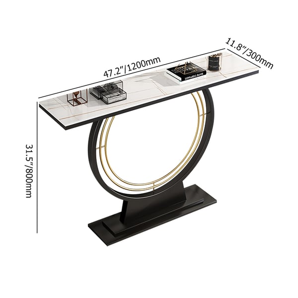 Modern Rectangular Sintered Stone Top Console Table in Black & White & Gold