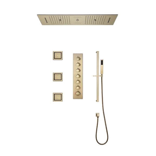 6 Functions Modern Thermostatic Massage Shower System Remote Controlled LED Brushed Gold