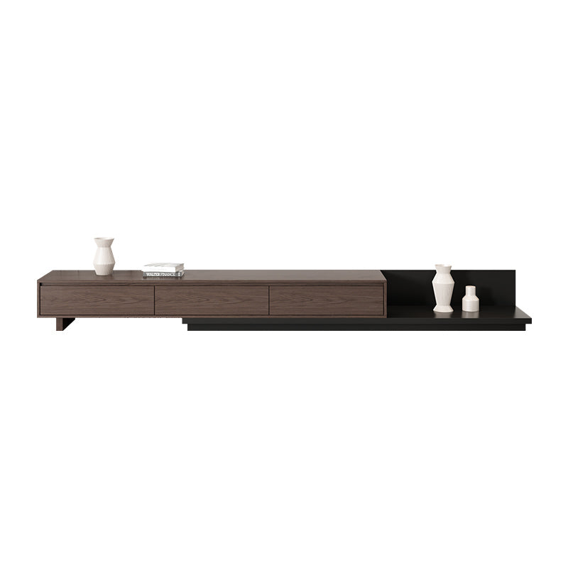 Walnut and Black Modern Minimalist Retractable TV Stand Extendable Media Console with 3 Retracted Drawers Up to 120