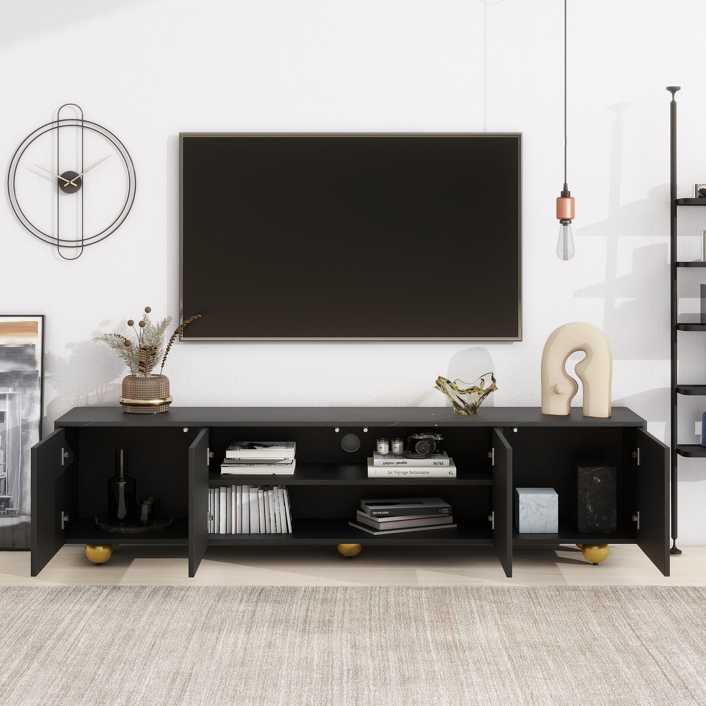 U-Can Modern TV Stand for TVs up to 75 Inches, Entertainment Center with Storage Cabinets and 1 Adjustable Shelf, Media Console with Marble-patterned Top and Golden Round Metal Legs for Living room