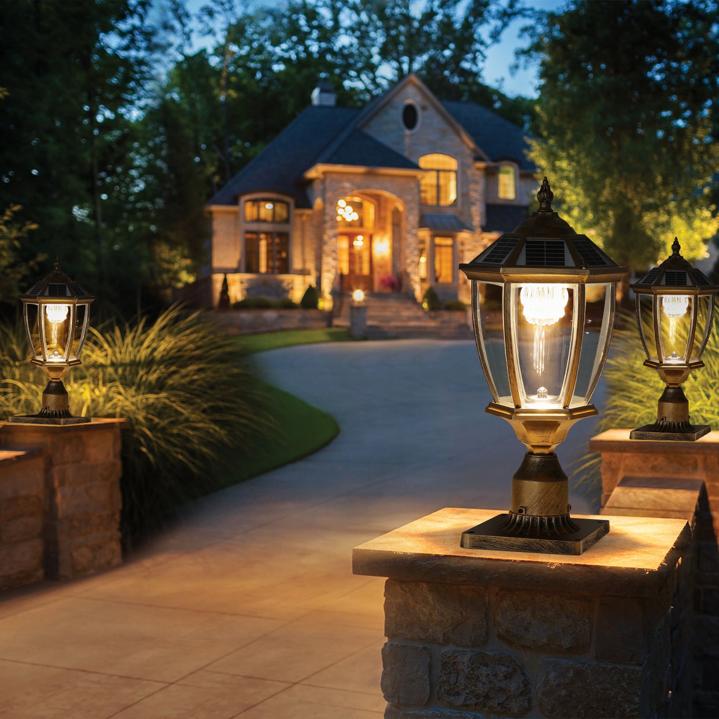 Solar-Powered Retro Gold Column Headlights with Dimmable LED - 2 Pack