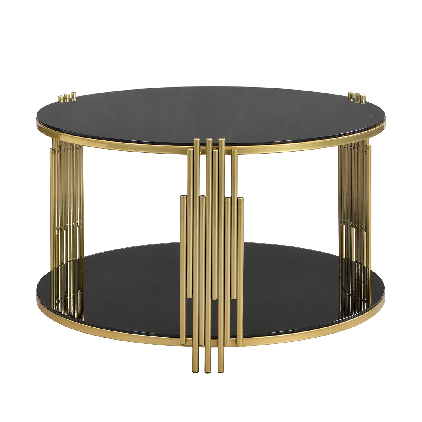 Modern Black Mirror Coffee Table, Asymmetrical Metal, Circular Metal Drum Base, Gold Finish & Lower Shelf