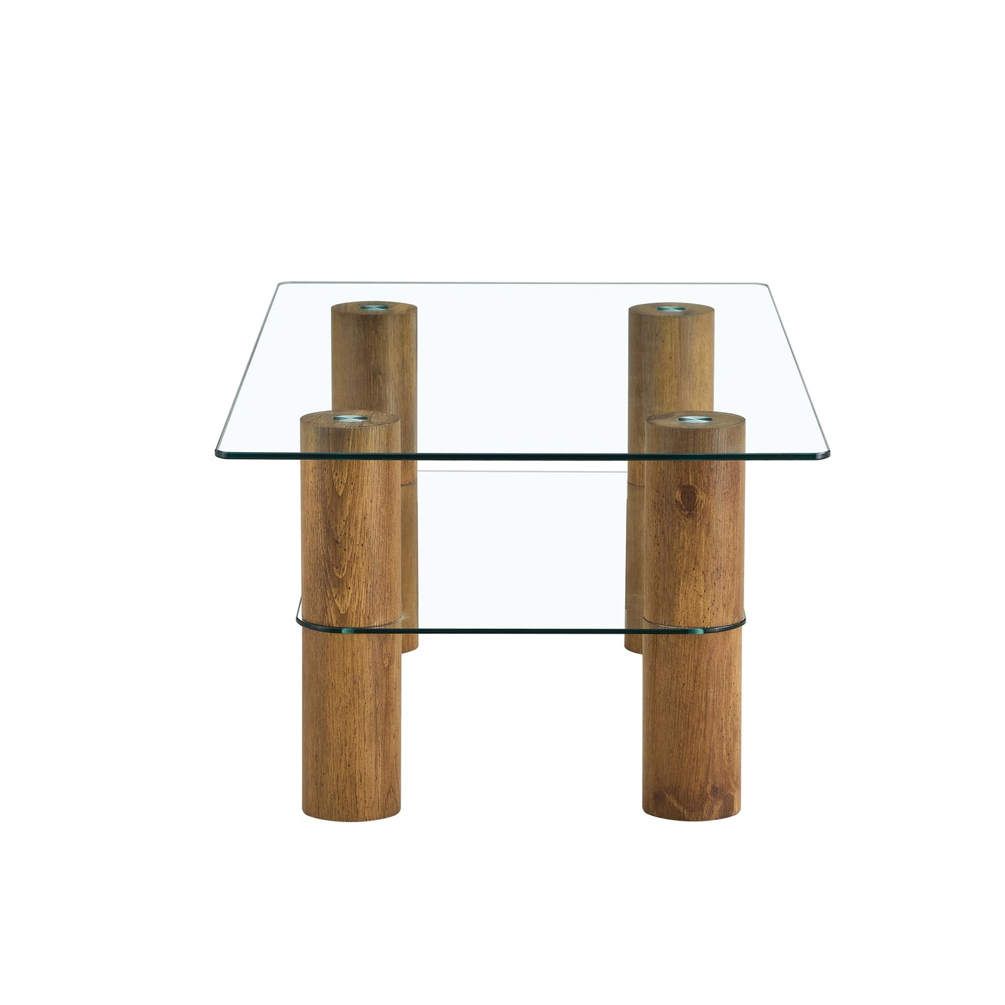 Modern Minimalist Double-Layer Transparent Tempered Glass Coffee Table with Wooden MDF Decorative Columns