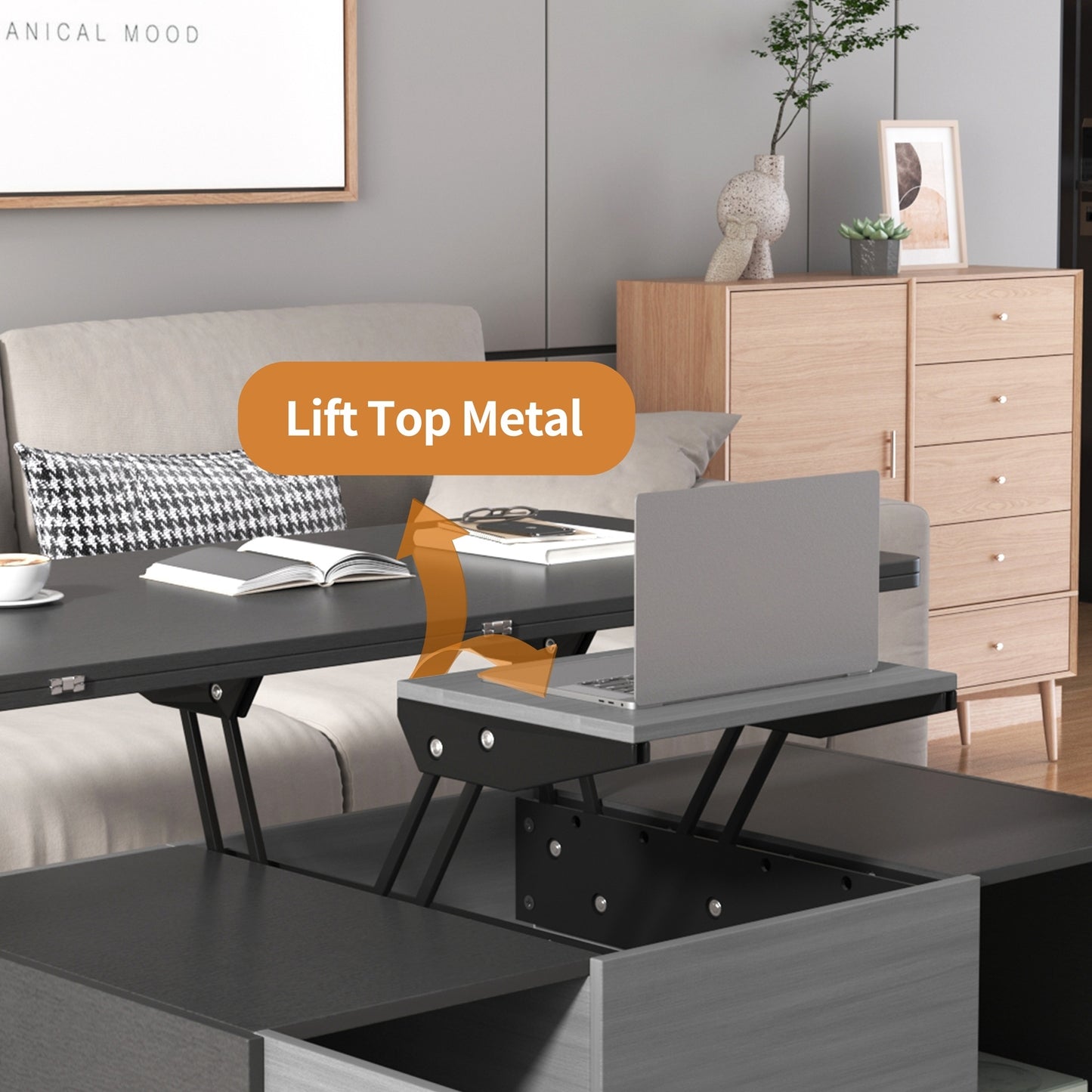 Modern Gray Multi-functional Rectangle Lift-top Coffee Table Extendable with Storage