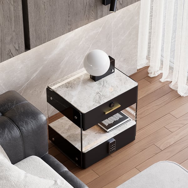 Table de chevet moderne en cuir noir intelligent avec dessus en pierre claire et frittée et serrure à empreinte digitale