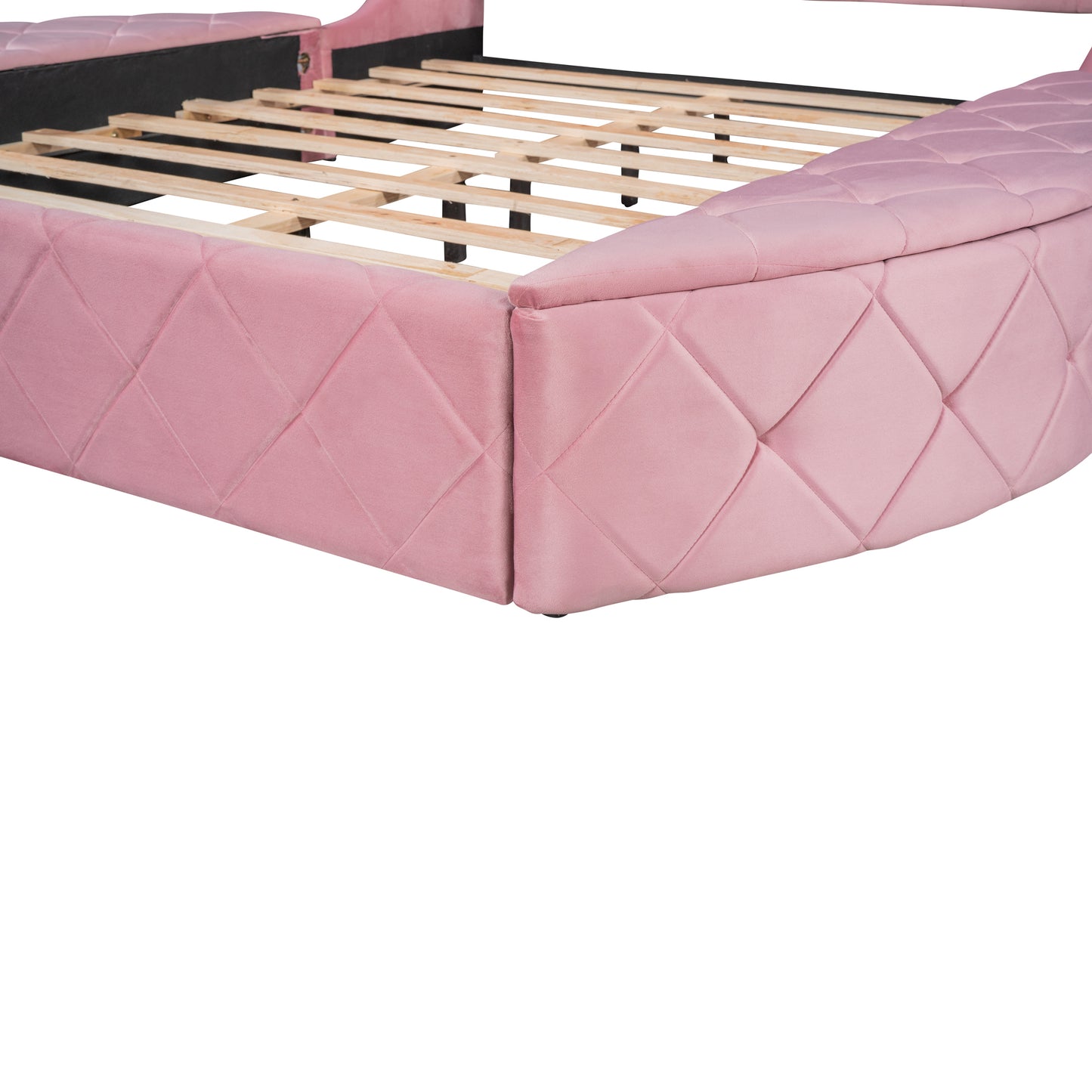Lit plateforme rembourré en velours avec tête de lit à oreilles et 1 grand tiroir, 2 tabourets de rangement latéraux (rose)