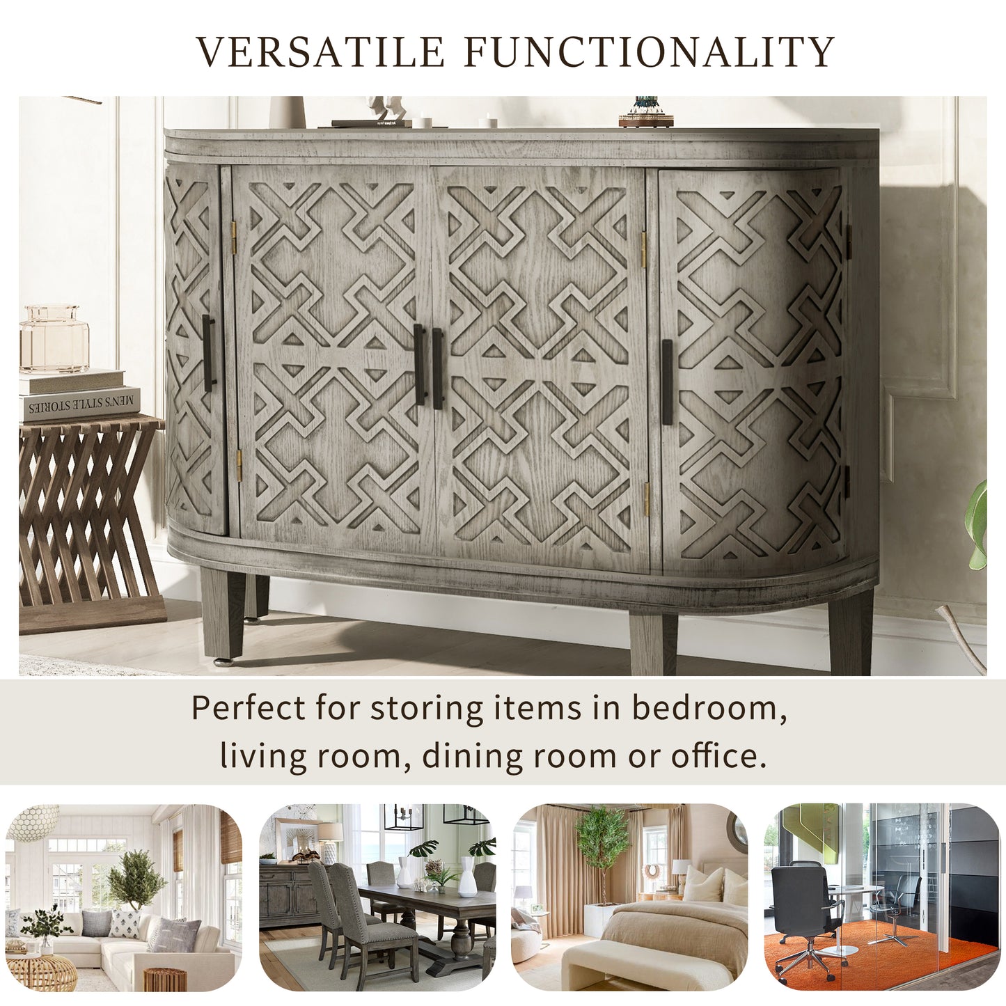 U-Style Accent Storage Cabinet Sideboard Wooden Cabinet with Antique Pattern Doors for Hallway, Entryway, Living Room