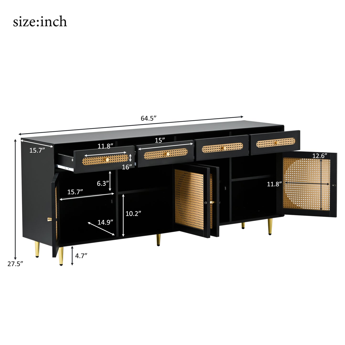 U-Can Meuble TV avec porte en rotin, table console multimédia tissée avec étagères réglables pour téléviseurs jusqu'à 65", buffet de rangement pour salon