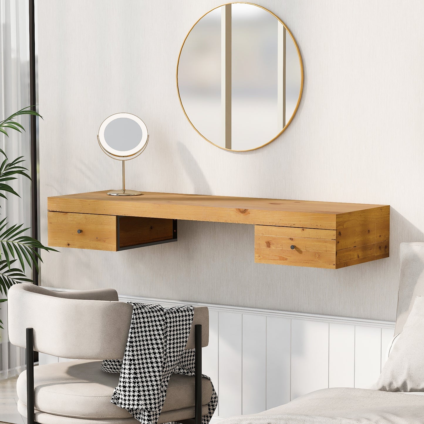 47.2" Modern Wall-Mounted Vanity Desk - Natural Floating Shelf with Drawers, Versatile Dressing and Computer Table for Home Office