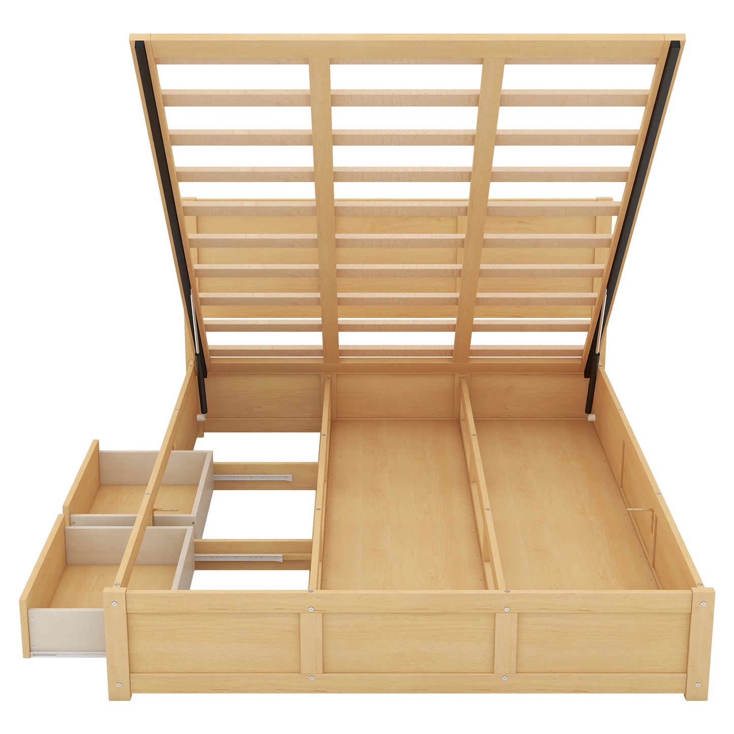 Lit plateforme en bois queen size avec rangement en dessous et 2 tiroirs, couleur bois