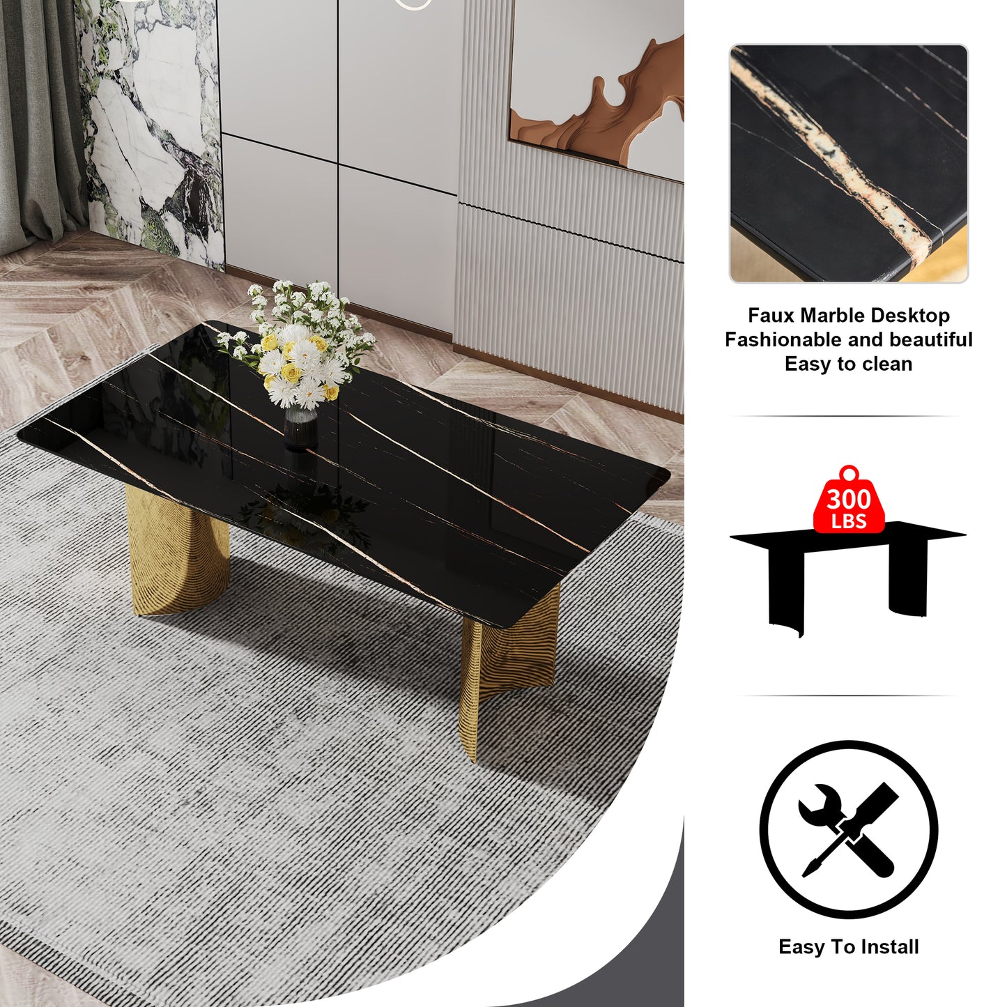 Modern minimalist dining table. The black patterned glass desktop is equipped with golden metal legs. Suitable for restaurants and living rooms  71" *39.3" *29.5"  DT-69