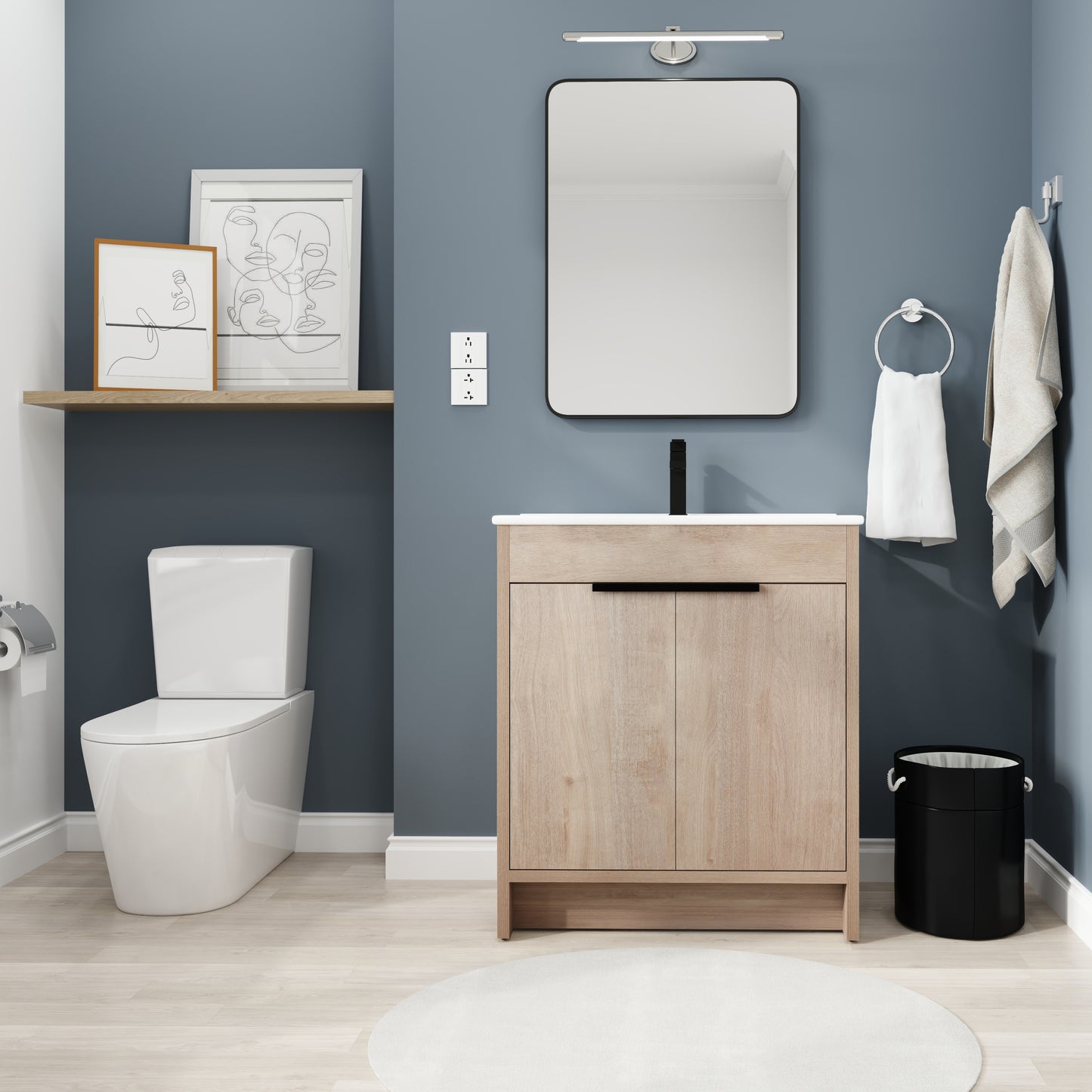 Meuble-lavabo autoportant de 30 pouces avec lavabo en céramique blanche et 2 portes d'armoire à fermeture en douceur (BVB02430PLO-BL9075B)=W999S00063