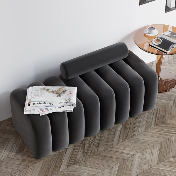 Modern Line Tufted Bench Upholstered Bench with Round Back Gray