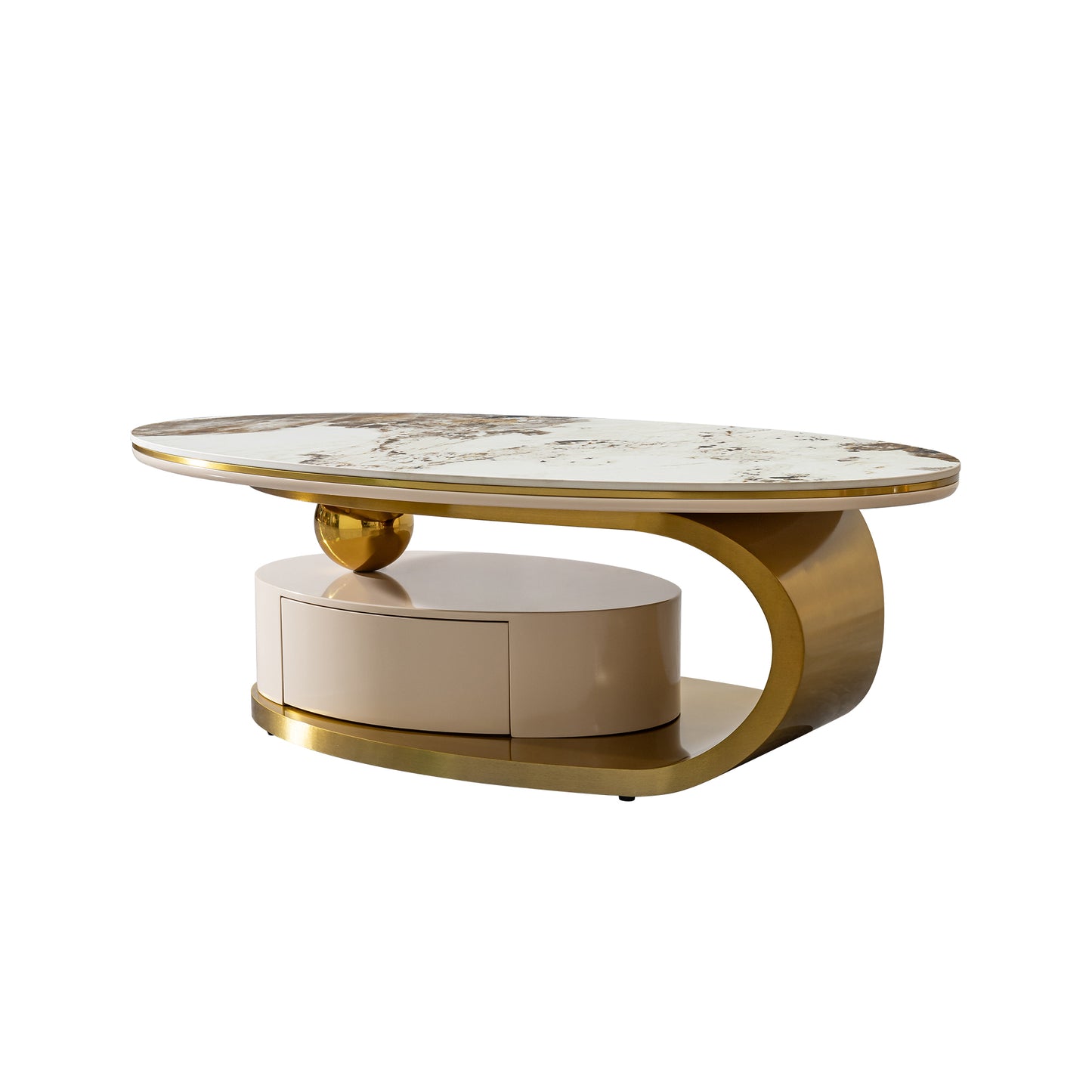 Modern 0.47" thickness sintered stone coffee table with 2 drawers,Matt gold stainless steel base