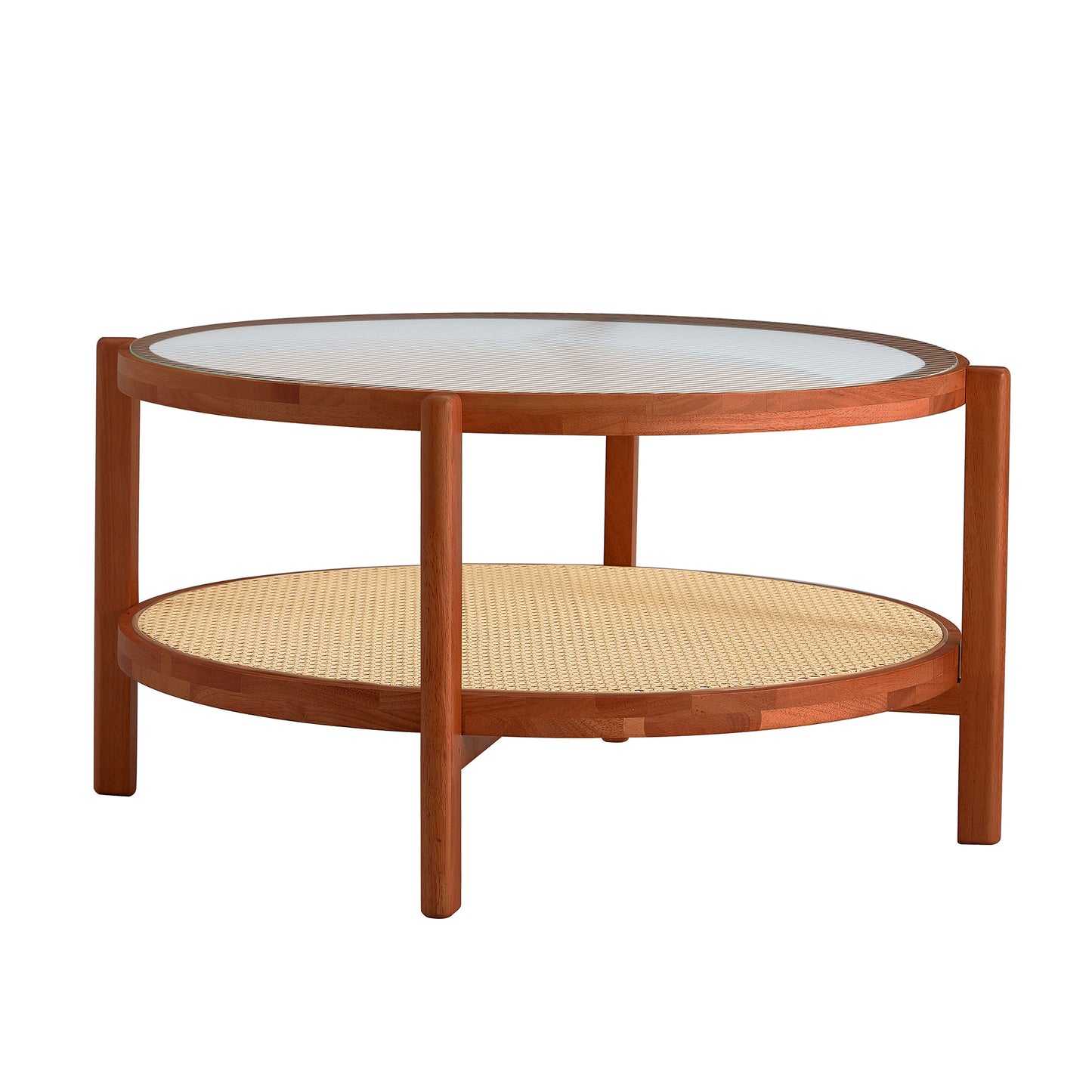 Modern Minimalist Circular Coffee Table - Double-Layer Solid Wood Design with Craft Glass Top and PE Rattan