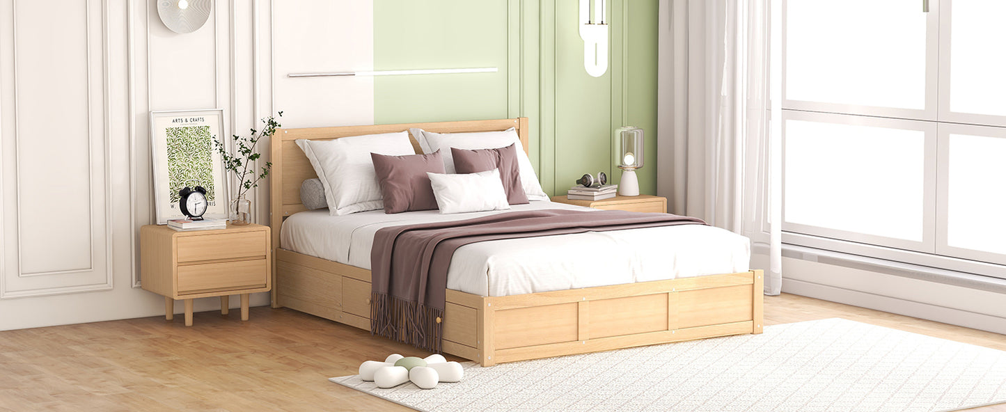 Lit plateforme en bois queen size avec rangement en dessous et 2 tiroirs, couleur bois