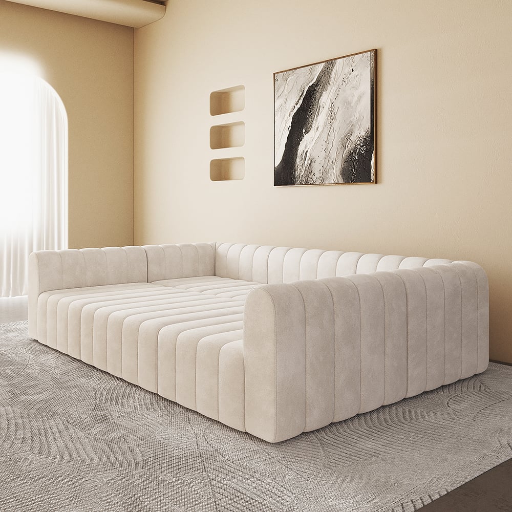 118.9" Off White Velvet Modular Pit Sectional Sofa Set Convertible 6-Seater Upholstered