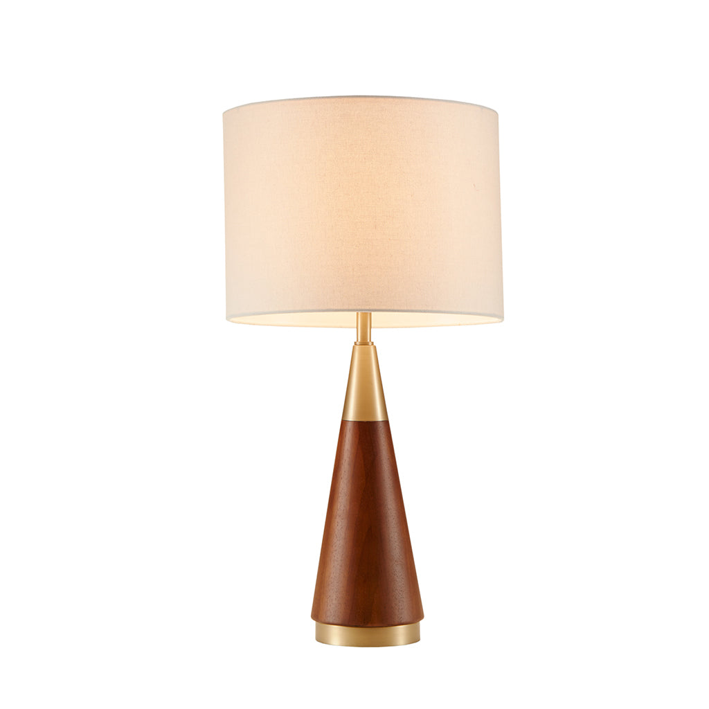 Mid-Century Table Lamp: Triangular Design with Espresso Wood Grain Finish and Metal Accents