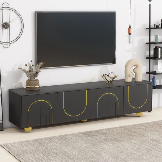 U-Can Modern TV Stand for TVs up to 75 Inches, Entertainment Center with Storage Cabinets and 1 Adjustable Shelf, Media Console with Marble-patterned Top and Golden Round Metal Legs for Living room