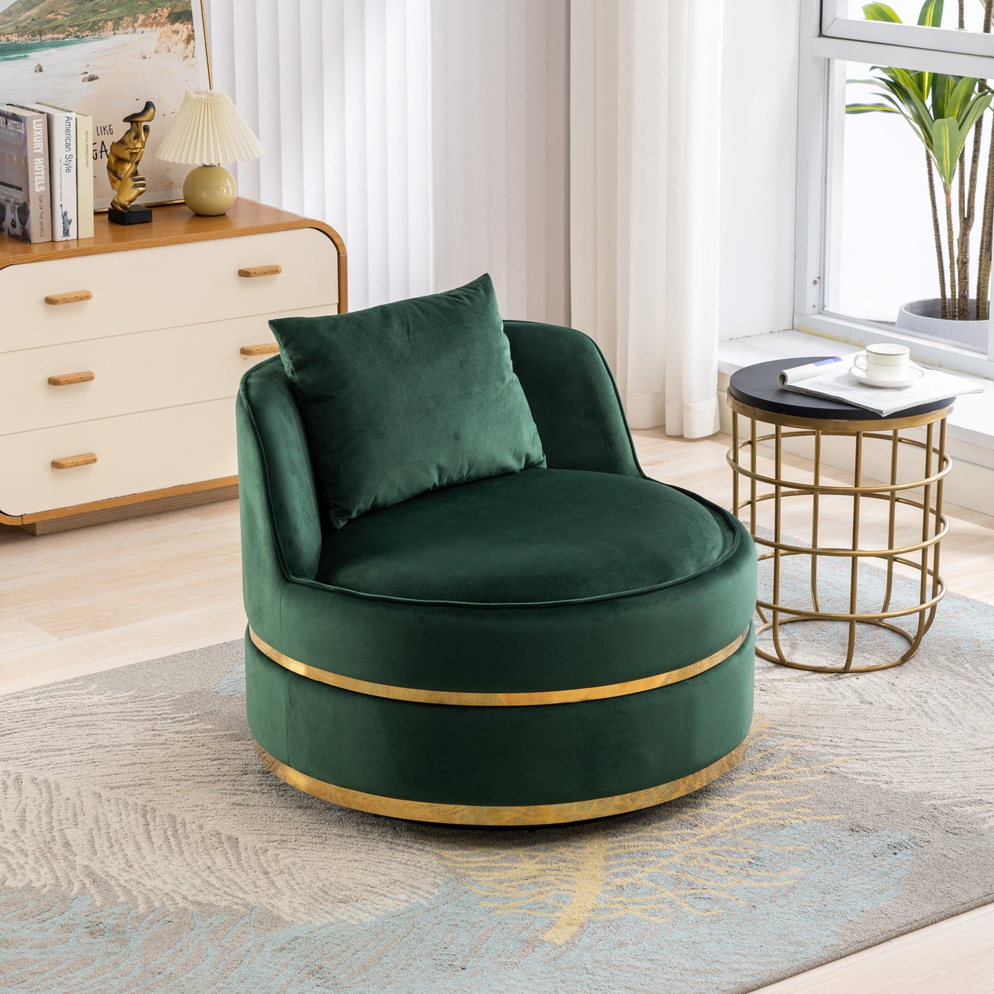 360 Degree Swivel Accent Chair Velvet Modern Upholstered Barrel Chair Over-Sized Soft Chair with Seat Cushion for Living Room, Bedroom, Office, Apartment, Green