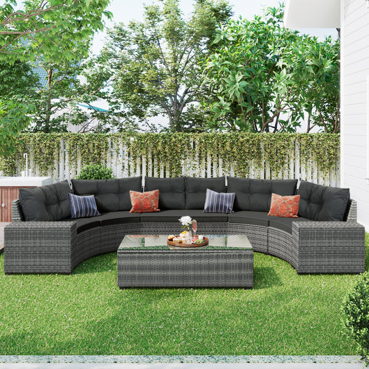 GO 8-pieces Outdoor Wicker Round Sofa Set, Half-Moon Sectional Sets All Weather, Curved Sofa Set With Rectangular Coffee Table, PE Rattan Water-resistant and UV Protected, Movable Cushion, Gray