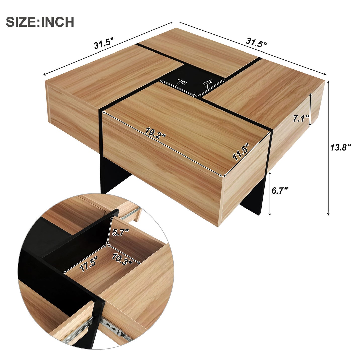 ON-TREND Table basse au design unique avec 4 compartiments de rangement cachés, table de cocktail carrée avec plateau coulissant extensible, table centrale design ultra brillante pour le salon, 80 x 80 cm