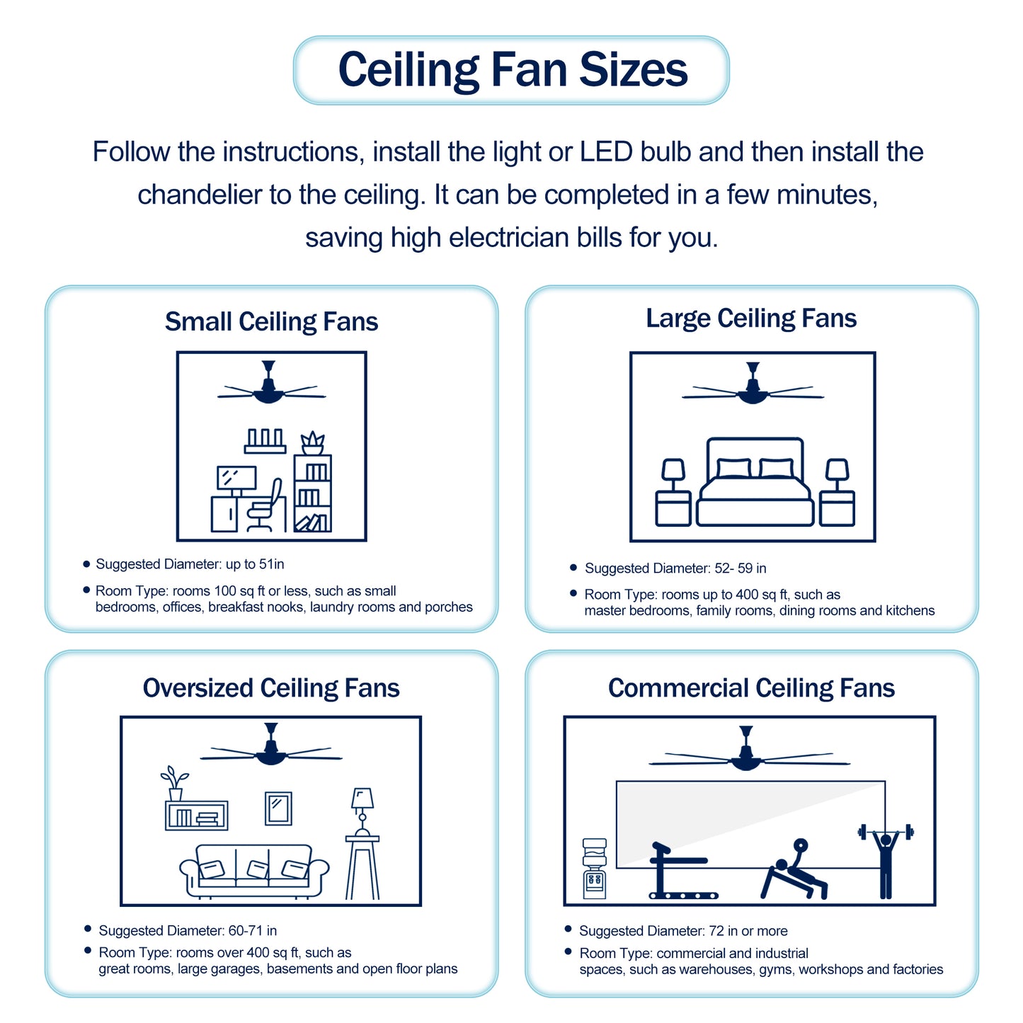 52" Modern Ceiling Fan with Remote - Chrome Finish, Wood Blades, LED Light for Living Room