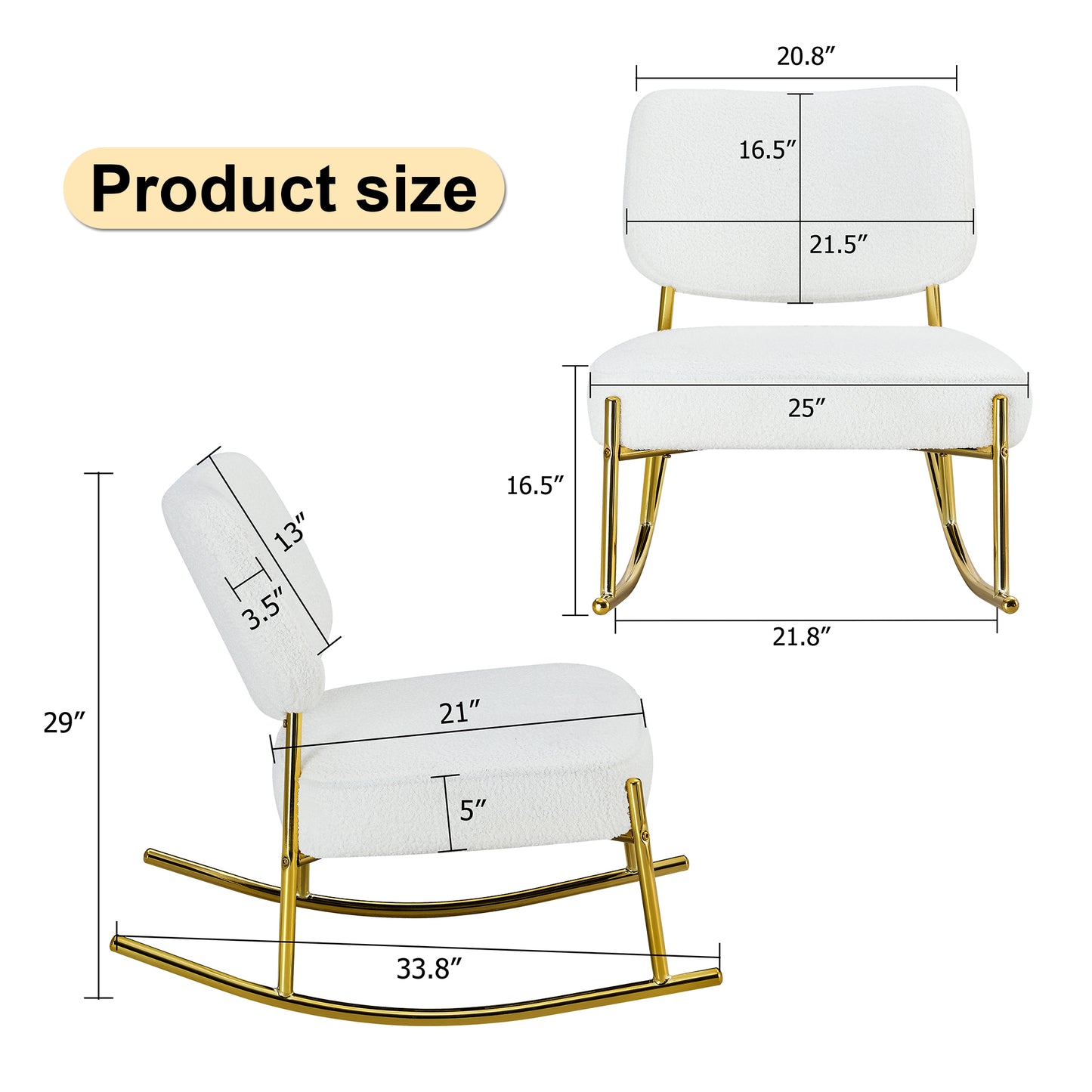 Comfortable Teddy Velvet Rocking Chair with White Backrest & Golden Metal Legs