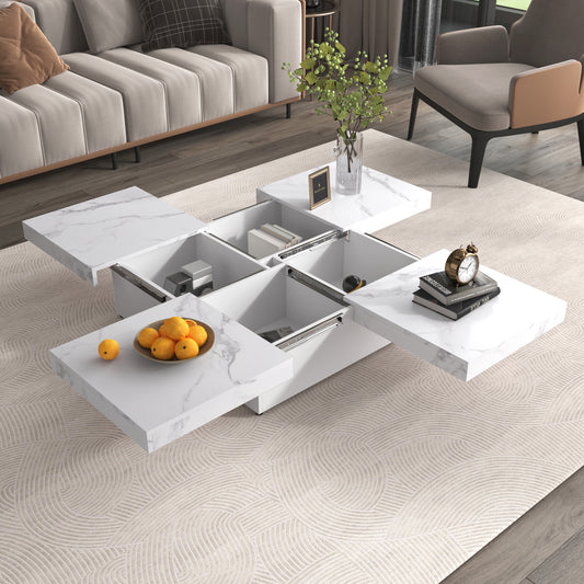 Square Marble Veneer Coffee Table Sliding Top with Storage in White 39.4''