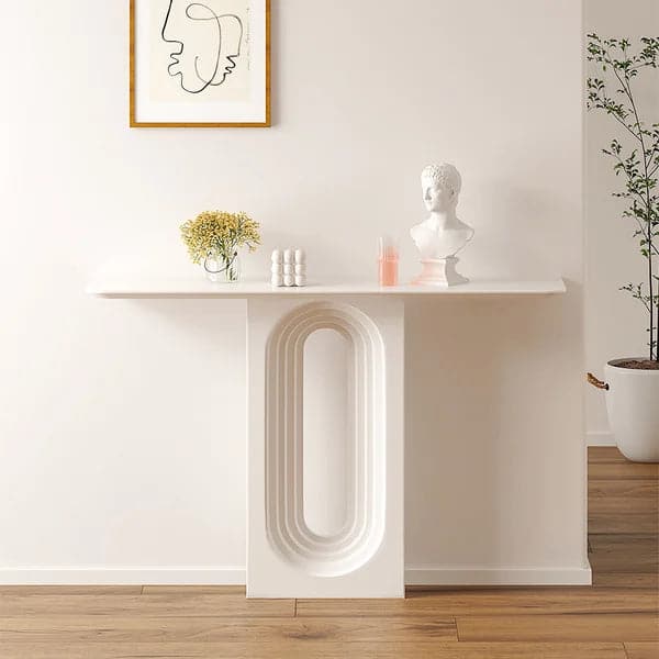 47 Inch Modern Narrow Wood White Console Table with Geometric Pedestal Entryway Table