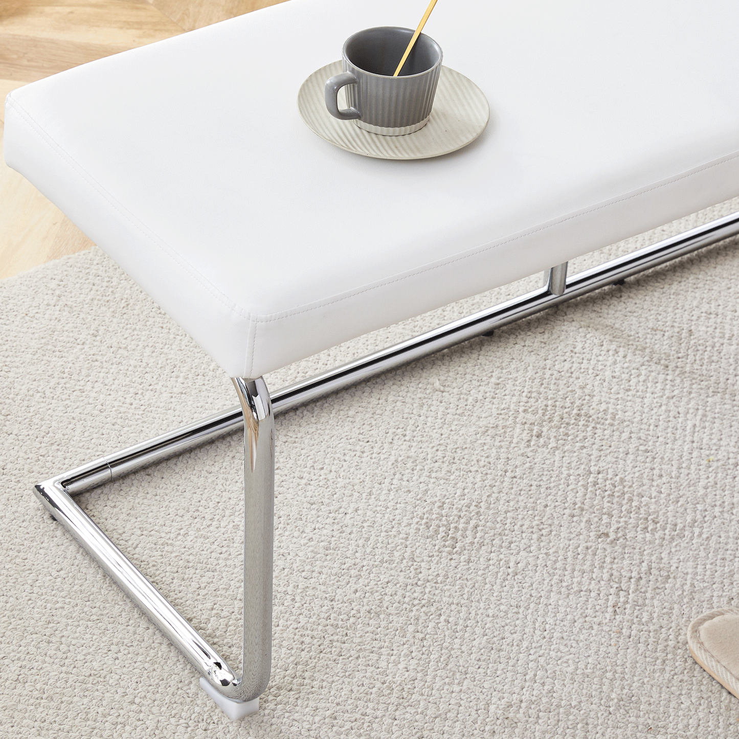 Versatile White Shoe Changing Stool with Silver Metal Legs Multi-Purpose for Entryway and Bedroom