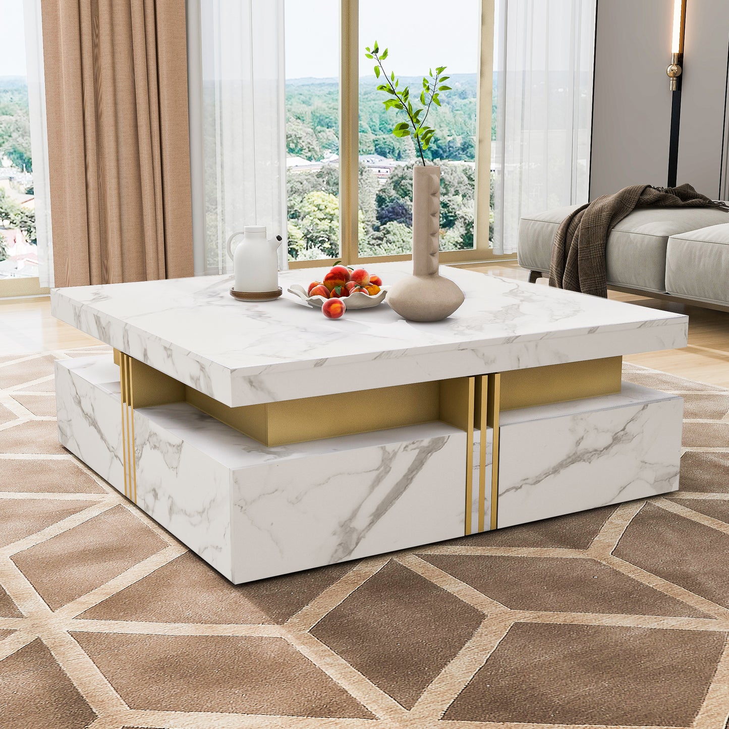 Modern White Square Storage Coffee Table with 4 Drawers