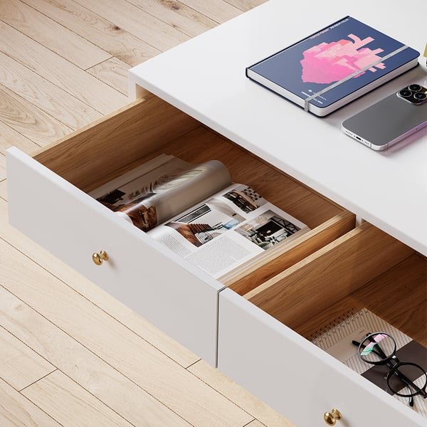 Modern White Floating Desk with Drawers Wall Mounted Desk in Pine Wood Frame