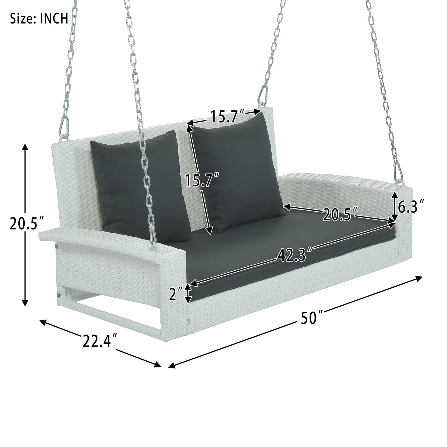 GO Balançoire de porche suspendue en osier pour 2 personnes avec chaînes, coussin, oreiller, banc de balançoire en rotin pour jardin, cour, étang. (Osier blanc, coussin gris)