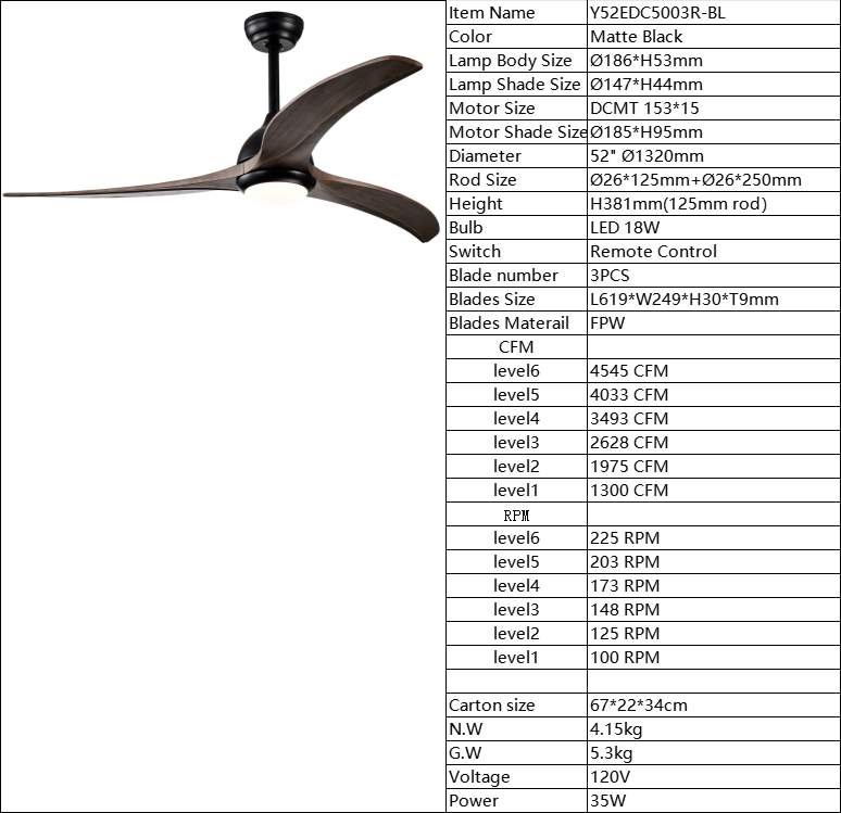 Modern 52" Ceiling Fan with Light - Matte Black Finish, Remote Control, 6-Speed Reversible Motor