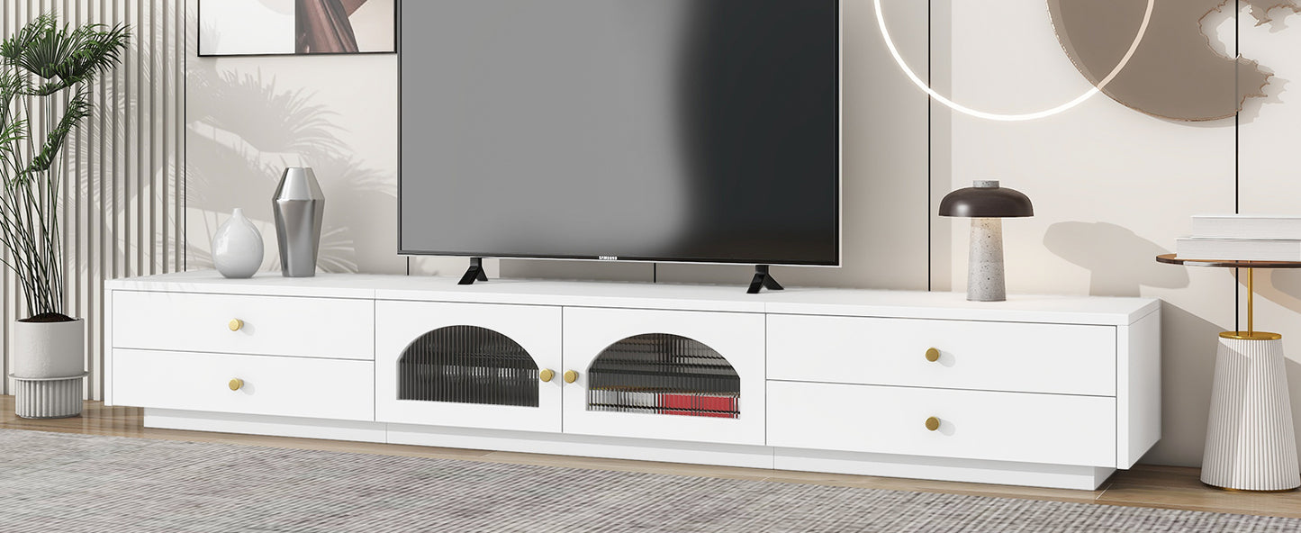 ON-TREND Meuble TV luxueux avec portes en verre cannelé, console multimédia élégante et fonctionnelle pour téléviseurs jusqu'à 95", meuble TV avec étagère en verre trempé avec plusieurs options de rangement, blanc