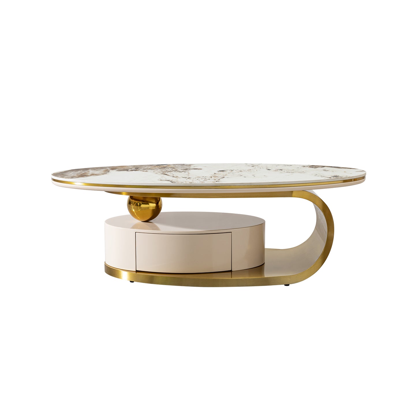 Modern 0.47" thickness sintered stone coffee table with 2 drawers,Matt gold stainless steel base