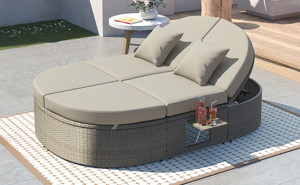 TOPMAX Lit de bronzage d'extérieur pour 2 personnes avec coussins et oreillers, chaise longue inclinable de jardin en rotin avec dossiers réglables et plateaux à tasses pliables pour pelouse, bord de piscine, gris