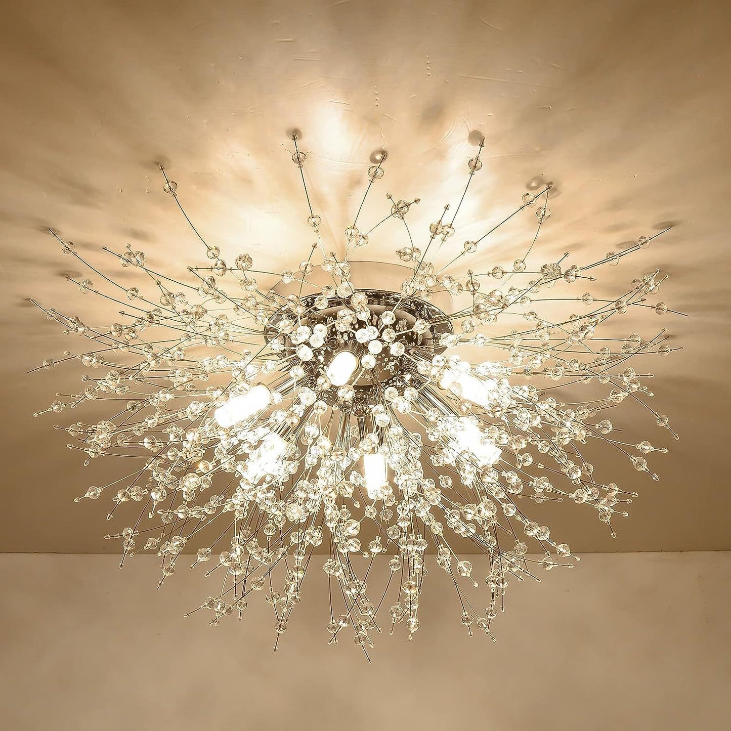 Flush Mount Ceiling Lights, Modern Gold Crystal Sputnik Firework Close to Ceiling Lamp LED Ceiling Lighting Fixtures for Bedroom Kitchen Island Hallway Entryway Porch Gazebo