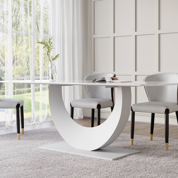 71" White Faux Marble Dining Table for 8 Crescent Base Sintered Stone